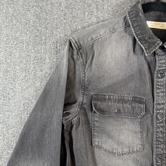 AllSaints Denim Shirt Mens XS Corduroy Collar Gray Flap Pockets Nice Fade - Picture 7 of 14